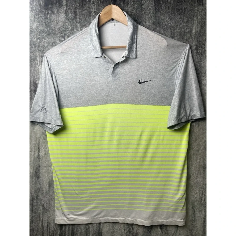 Nike Tiger Woods Collection Golf‎ Polo Shirt Size L Dri Fit Yellow/Gray Striped